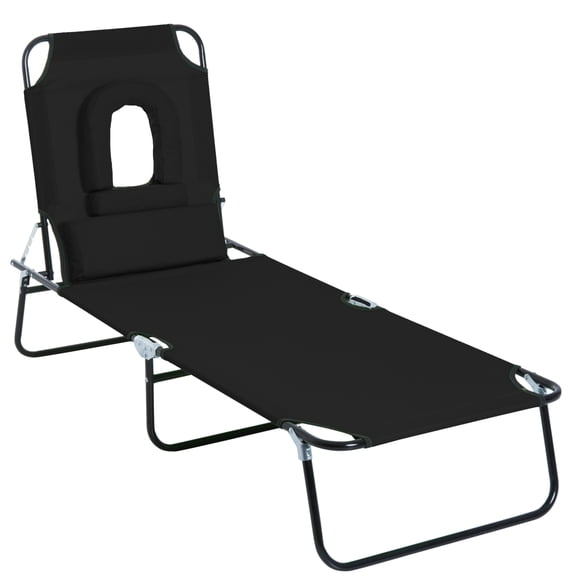 CoSoTower Adjustable Outdoor Lounge Chair, Garden Folding Chaise Lounge with Face Hole Reclining Tanning Chair Seat, Folding Camping Beach Lounging Bed w/ Support Pillow, Black