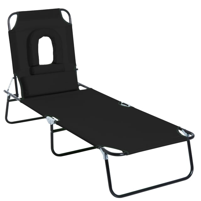 CoSoTower Adjustable Outdoor Lounge Chair, Garden Folding Chaise Lounge with Face Hole Reclining Tanning Chair Seat, Folding Camping Beach Lounging Bed w/ Support Pillow, Black
