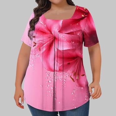 Liquidation d'Économies d'Été 2025! Horkkom T-Shirts à Manches Courtes pour Femmes Grande Taille, Hauts Tuniques Plissés à Col Rond à Imprimé Cœur, T-Shirts d'Été Décontractés Surdimensionnés (L-5TG)