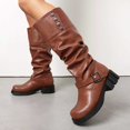 thumbnail image 3 of Slouchy Motorcycle Riding Combat Boots for Women Studded Leather Buckle Square Toe Knee High Cowboy Tall Boots, 3 of 6