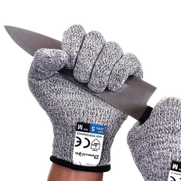 Résistants Gants aux Coupures de Qualité Alimentaire Niveau 5, Gants de Cuisine de Sécurité Gris, Saisie d'Un Couteau Tranchant. Conçus pour la Sécurité en Cuisine et au Travail, Ces Gants Offrent une Résistance aux Coupures EN388 Niveau 5, Matériau HDPE, et une Élasticité Légère pour le Confort et la Dextérité. Idéal pour l'Écaillement d'Huîtres, la Coupe de Viande et la Sculpture sur Bois.
