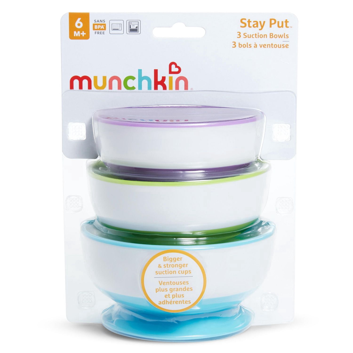 Munchkin Stay Put Suction Bowl, Includes Strong Suction Base and Quick-Release Tabs, Microwave Safe and BPA-Free, 3 Pack