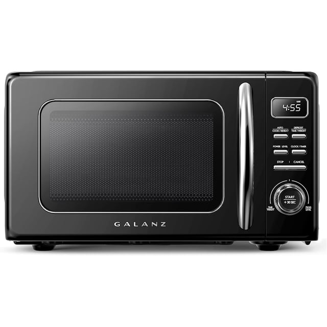 Four à micro-ondes de comptoir rétro Galanz (noir, 0,7 pi³) avec fonctions de cuisson et réchauffage automatiques, décongélation et démarrage rapide ; plateau tournant en verre et nettoyage facile.