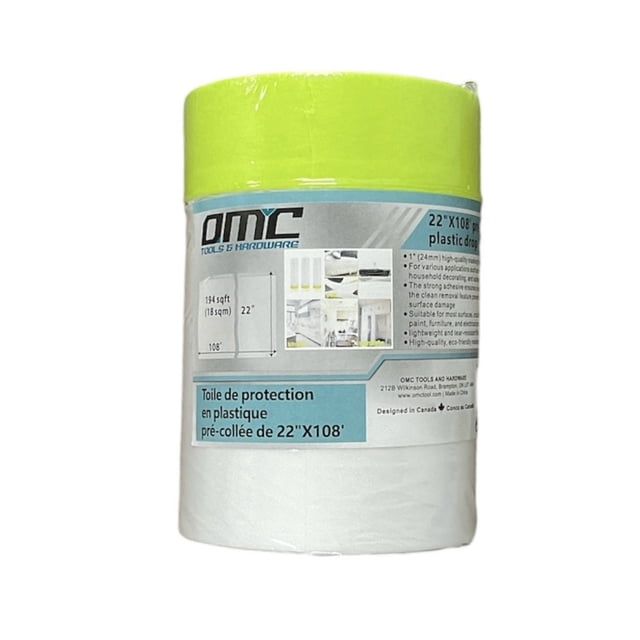 Toile de Protection en Plastique Pré-Enrobée 22"X108 Pieds par OMC Tools, Comprenant un Rouleau de Plastique Léger et Résistant aux Déchirures avec Ruban Masquant Intégré pour une application Facile. Conçue pour la Préparation des Surfaces, Elle Adhère aux Fenêtres, aux Murs et aux Planchers, Protège contre la Peinture, la Poussière et l'Humidité. Couvre 197 Pi2 et Est Idéale pour la Peinture, la Rénovation et les Projets Automobiles.