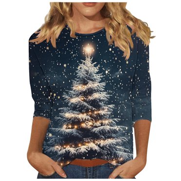 Lcziwo Womens Tops 3/4 Sleeve Round Neck Christmas Holiday Shirts Xmas Giltter Tree Print Loose Blouses 2025 Fal Fashion Casual Tees Blue,M