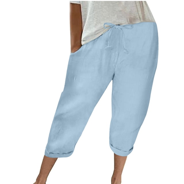Timegard Womens Cotton Linen Pants Casual High Waist Drawstring Crop Pants Solid Color Trousers with Pocket