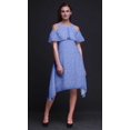 thumbnail image 3 of Bimba Robe Midi à Épaules Dénudées pour Femmes, Tunique de Fête, Manches Volantées, Imprimé Feuilles Bleues - XXX-Large, 3 of 6