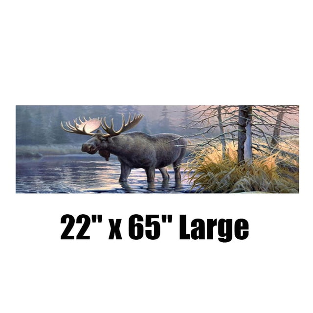 Moose Rear Window Graphic Decal Sticker for cars, trucks, SUVs, and vans, featuring a detailed forest scene with a moose standing in a serene water setting. Made from 50/50 perforated vinyl for easy viewing from inside the vehicle. The decal measures 22 x 65 inches (large size) and is printed with vivid, long-lasting colors using top-quality solvent inks.