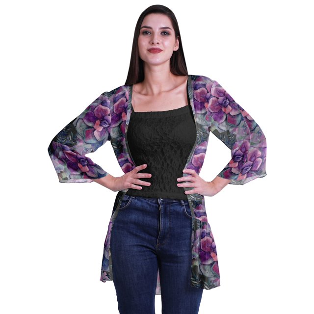 Moomaya Boléro en Georgette Imprimée à Volants, Ourlet Tombant, Couvre-Maillot de Plage pour Femmes