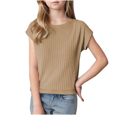 biudgviw T-Shirts pour Filles en Coton Doux à Encolure Bateau, Manches Courtes à Cap, T-Shirts Côtelés de Couleur Unie, Hauts d'Été Décontractés et Amples