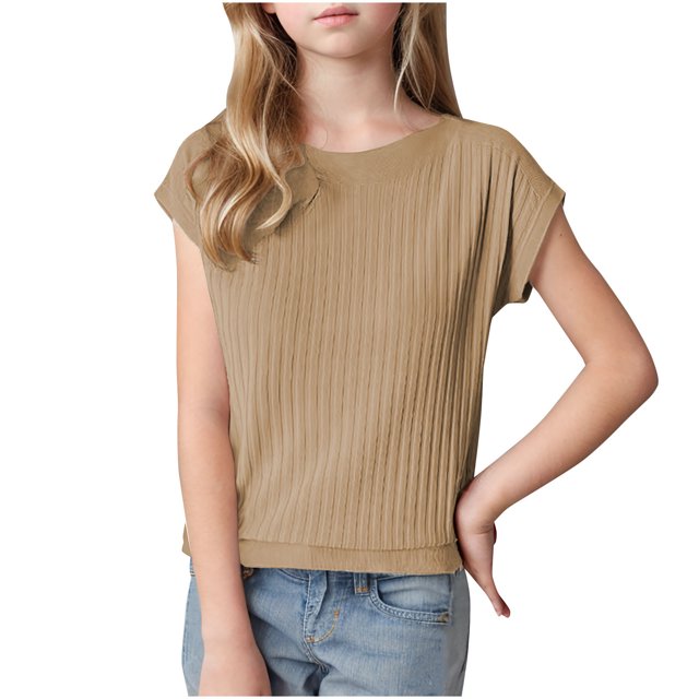 LLYWEY Girls Ribbed Sweaters , Casual Loose Cap Sleeve Round Neck Pullover Tops Fall Shirts, Khaki, M