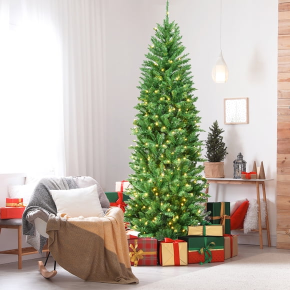 Gymax Arbre de Noël Crayon de 7 Pi Pré-Illuminé, Sapin à Charnières, Déco des Fêtes avec Lumières DEL