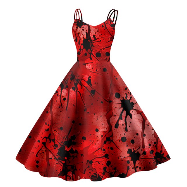 Rinsvye Robe Maxi Rétro d'Halloween pour Femmes, Été, Amusante, Imprimée, à Bretelles, Décontractée, Robe Longue (1)