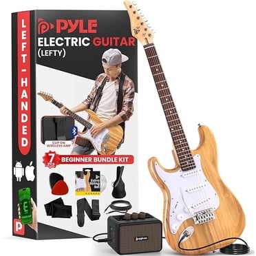 Pyle Ensemble Complet de Guitare Électrique pour Gaucher avec Amplificateur 5 W, Sac de Concert, Pics, Cordes de Rechange et Sangle, Ensemble de Guitare Style ST pour Débutant avec 22 Frettes, Corps en Bois de Paulownia, Naturel-Gauche