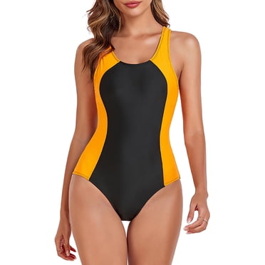 Meichang Athletic One Piece Swimsuits for Women Color Block Patchwork Bathing Suits Slimming Tummy Control Swimming Suits Cutout Back Swimwear Conservative Swimming Swimsuits