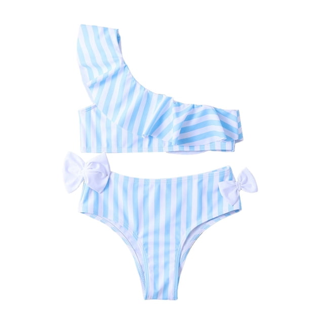 Kid Girl Swimsuit 2 Piece Summer Bikini Bathing Suit Striped Ruffle Cute Swimwear Bathing Suits 7-8 Years