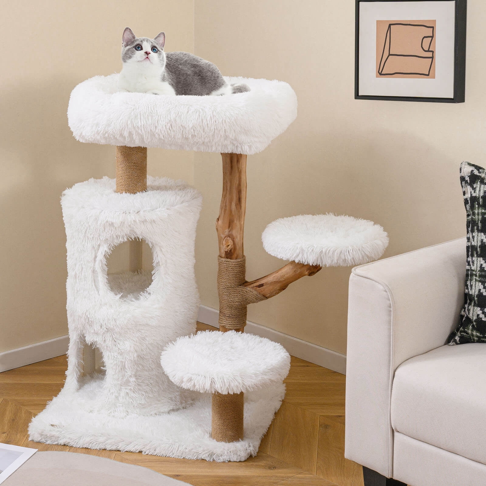 Costway 30.5 Cat Tower with Real Solid Wood Branches, Scratching Posts, 2-storey Condo White+Natural