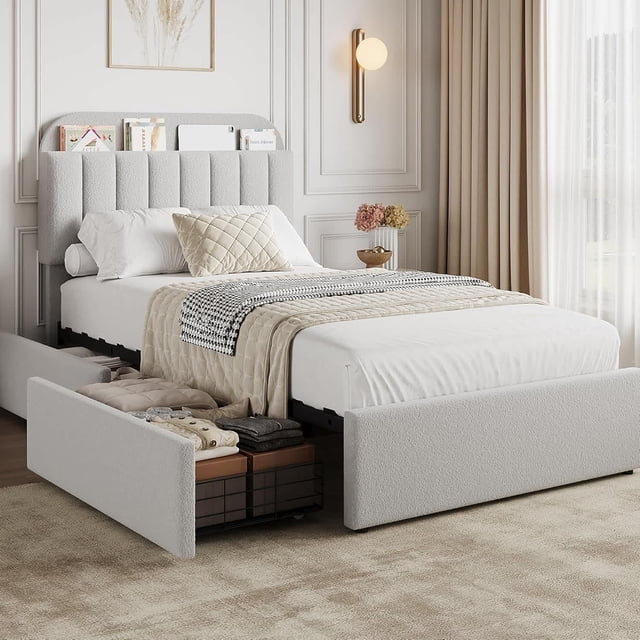 Bingirl Grey Twin Bed Frame for : Boucle Upholstered Platform with 2 Drawers, Bookcase Headboard, Noise - Free & No Box Spring Needed, Easy Assembly
