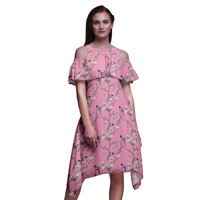 Bimba Robe Midi à Manches Flottantes Imprimé Oiseau Rose Épaules Dénudées Femme - TTTG