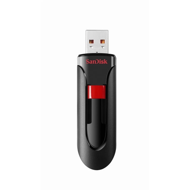 SanDisk Cruzer Glide 64GB USB 2.0 flash drive with black plastic body and red sliding retractable USB connector, featuring the red SanDisk logo on the front, shown centered on a white background, ideal for fast portable storage and secure file transfer, also suitable for storing and sharing photos and videos.