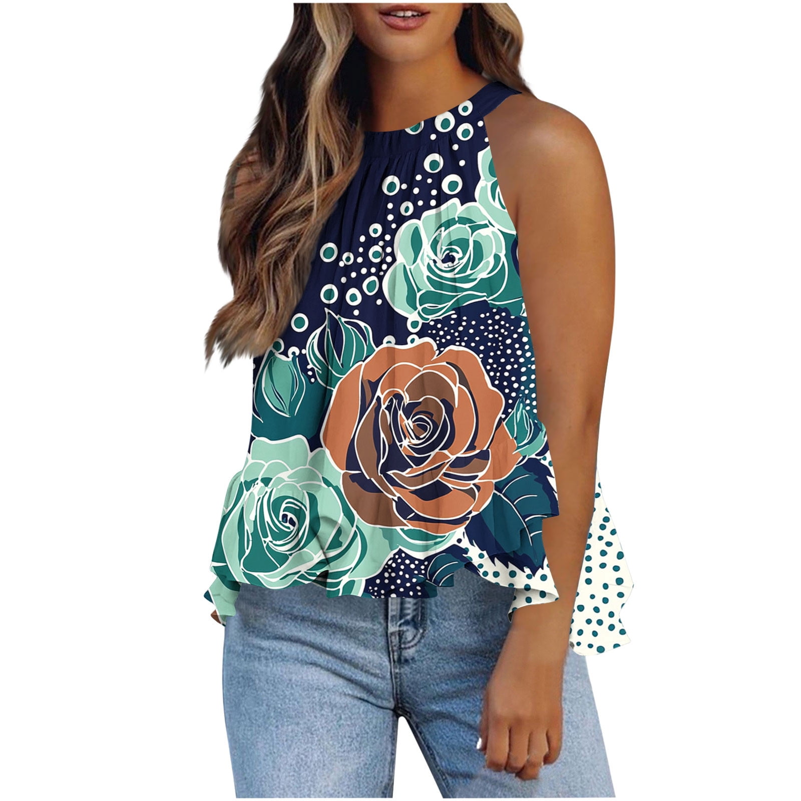 Weiqiqre Summer Outfits for Women 2025 Adjustable Tie Neckline Ruffle Hem Sleeveless Flowy Halter Tops