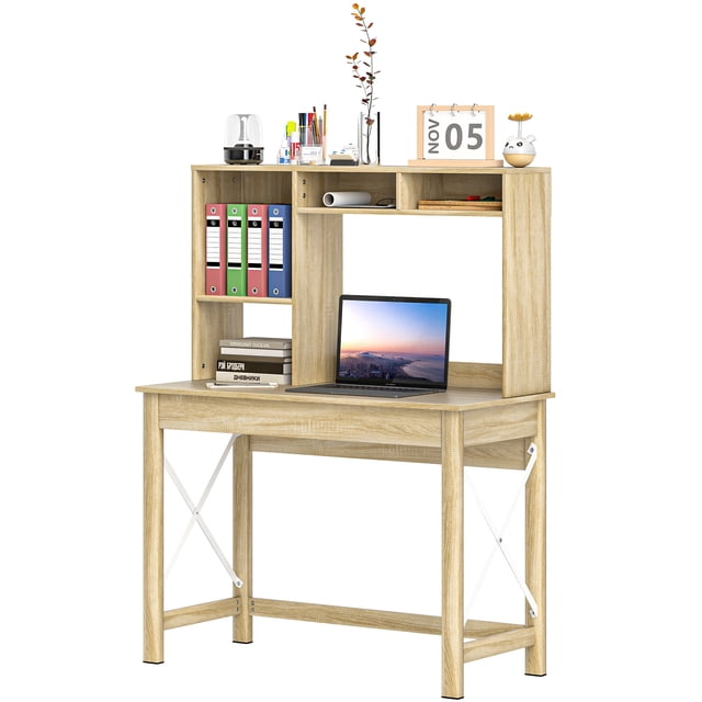 HOMCOM Bureau d'Ordinateur avec Rangement, Table d'Étude avec Huche, Étagères, Chêne