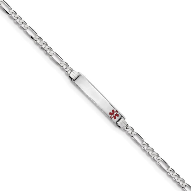 14K White Gold Medical Red Enamel Figaro Link ID Bracelet