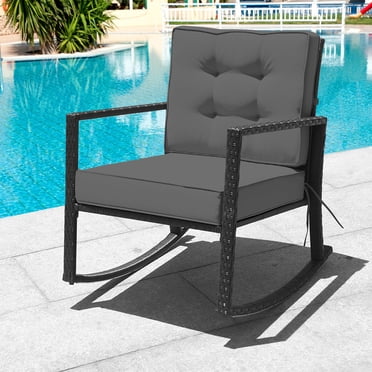 Patiojoy Outdoor Wicker Rocking Chair Glider Rattan Rocker Recliner with Grey Cushion