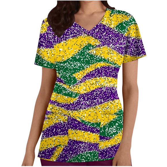 SDNall Women's Loose Fit Christmas Printed Short Sleeve V-Neck Tops with Pocket for Casual Work