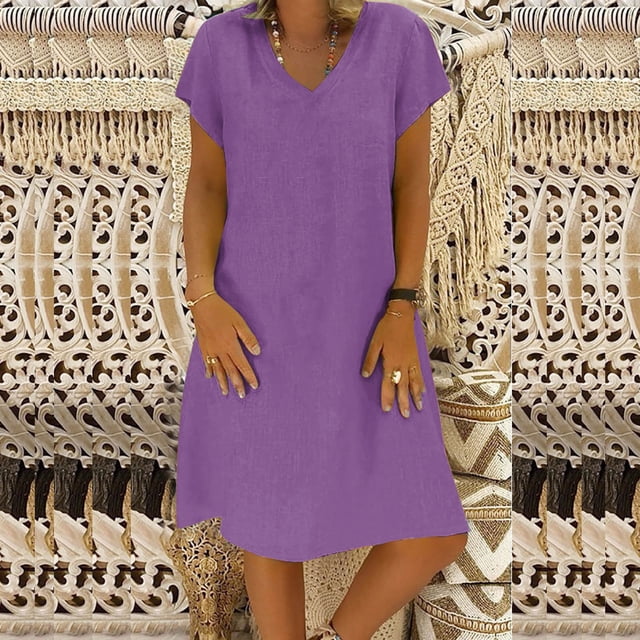 Robes d'Invité de Mariage pour Femmes Mode Femmes Robe Ample Col en V Été Manches Courtes en Coton et Lin Robe de Maternité pour Séance Photo en Liquidation