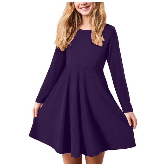 Zanarzt Robe Tutu pour Tout-Petits Filles à Manches Longues Robes T-Shirt Enfants Automne Robe Patineuse Ligne A Violet Foncé, 13-14 Ans