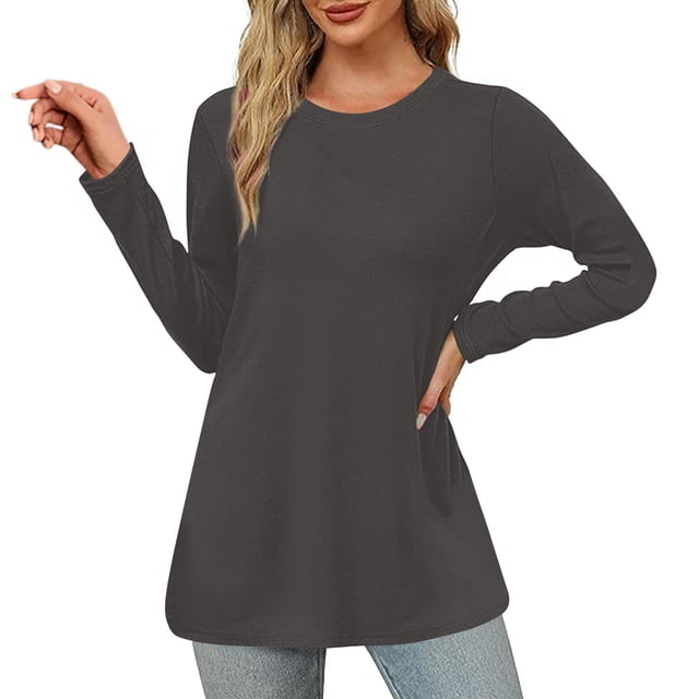Timegard Hauts pour Femmes Col Rond Manches Longues Couleur Unie Confortable Chaud T-Shirt Basique Automne Hiver Tunique Décontractée