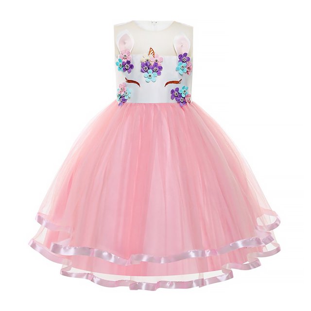 KAWELL Robe Fleurie Unicorn pour Filles Robe de Princesse Élégante Robe de Fête d'Anniversaire 2-8 Ans
