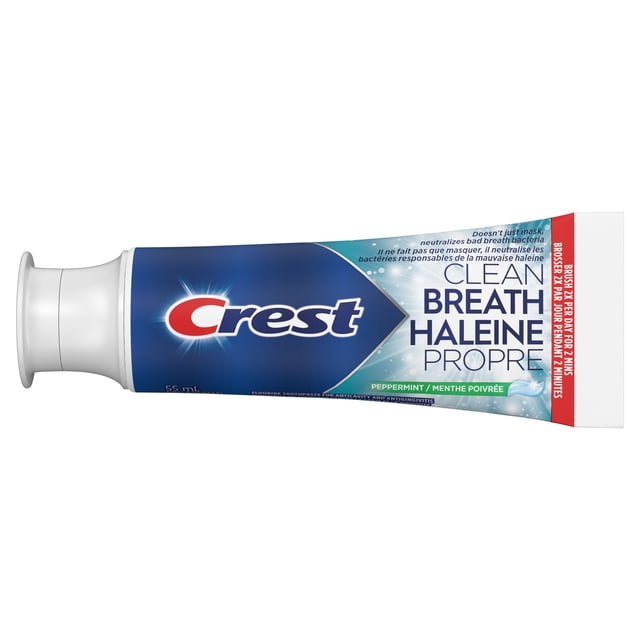 Crest Clean Breath Peppermint Toothpaste 55ml tube with blue and white packaging, formulated to neutralize bad breath bacteria, fight cavities, strengthen enamel, and gently whiten teeth, ideal for daily oral care and maintaining fresh breath.
