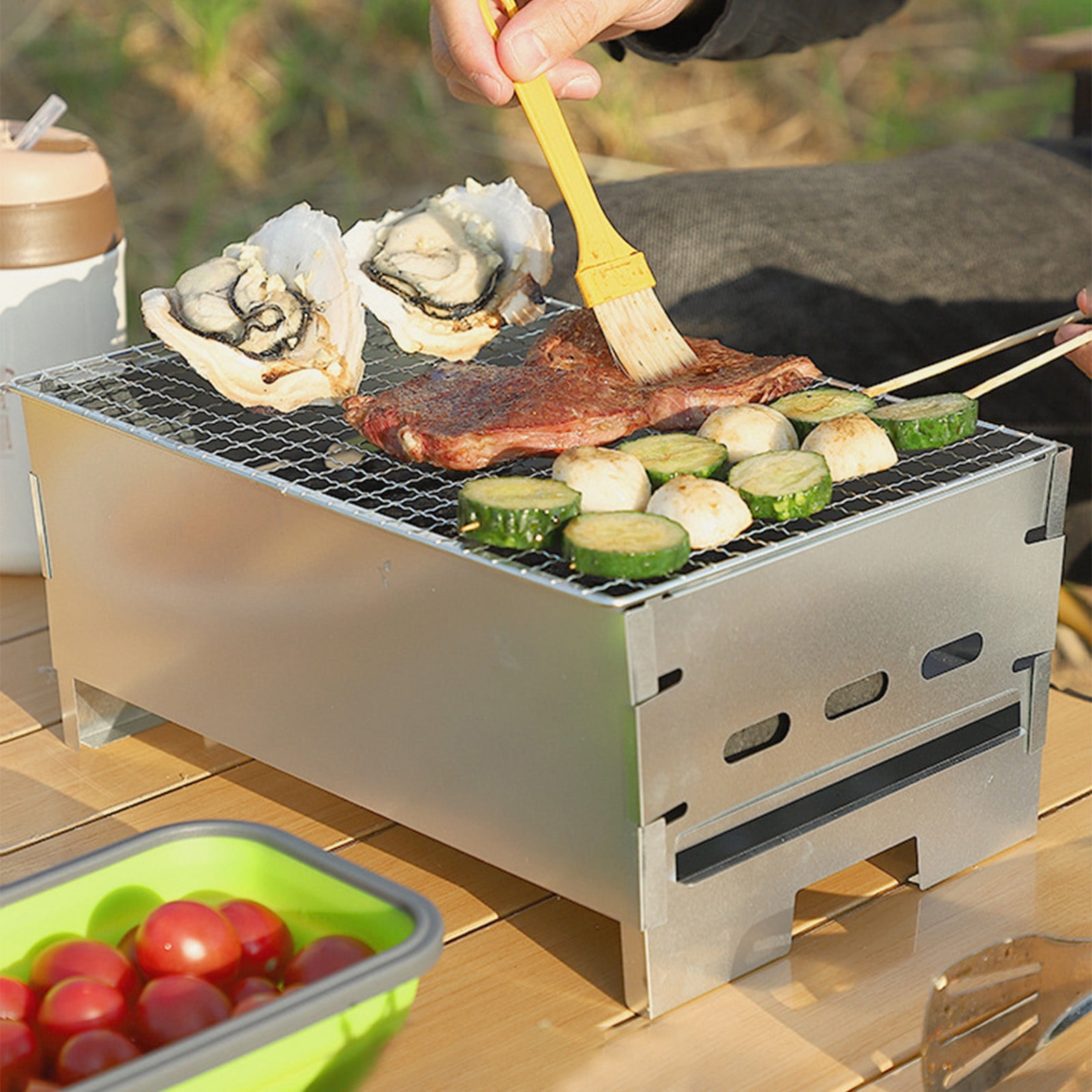Exclusive Offers,Portable Charcoal Grill | Folding BBQ Grill for Camping & Picnics | Small Outdoor Barbecue Grill with Convenient Storage, | Metal, Silver-431 $BS$3