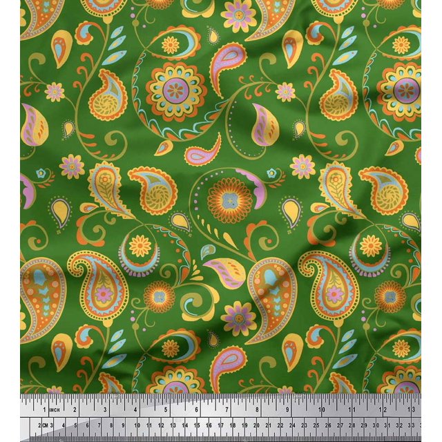 Soimoi Green polyester Crepe Fabric Mandala & Paisley Print Fabric by Yard 42 Inch Wide