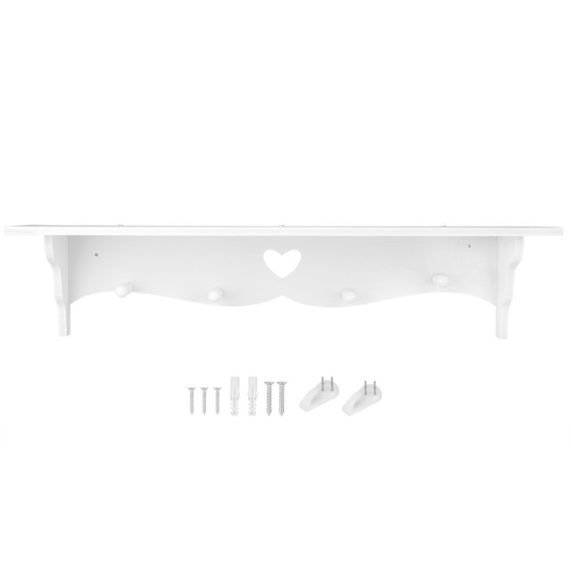 Tablette Murale de Rangement Blanche, Mesurant 59 x 10 x 13 cm, en Panneau de Bois-Plastique PVC Écologique. Présente un design en Forme de Cœur Ajouré, des Crochets en Dessous et Comprend la Quincaillerie d'Installation. Idéale pour les Chambres, les Salons et les Chambres d'Enfants.