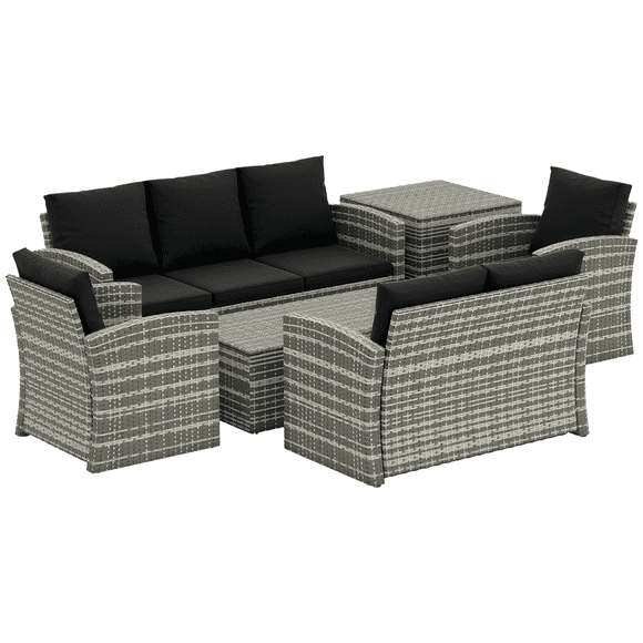 Outsunny Ensemble de Mobilier de Jardin 6 Pcs, Canapé de Jardin en Rotin Tressé, Noir