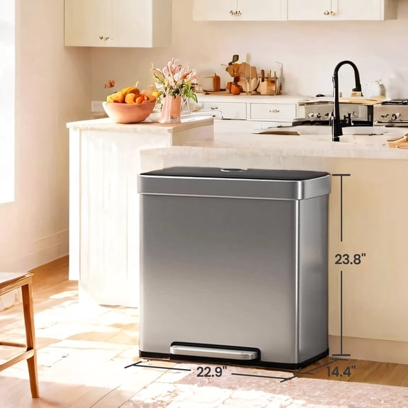 LEDREM Poubelle à Pédale en Acier Inoxydable 16 Gallons à Double Compartiment, 2 x 8 Gallons avec Couvercle Qui Reste Ouvert et 15 Sacs, Argent Métallique
