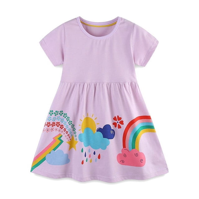 Penkiiy Vêtements pour Tout-Petites Fille Décontracté Imprimé Dessin Animé Robe à Manches Courtes Robe d'Été pour Filles 2-7 Ans Violet