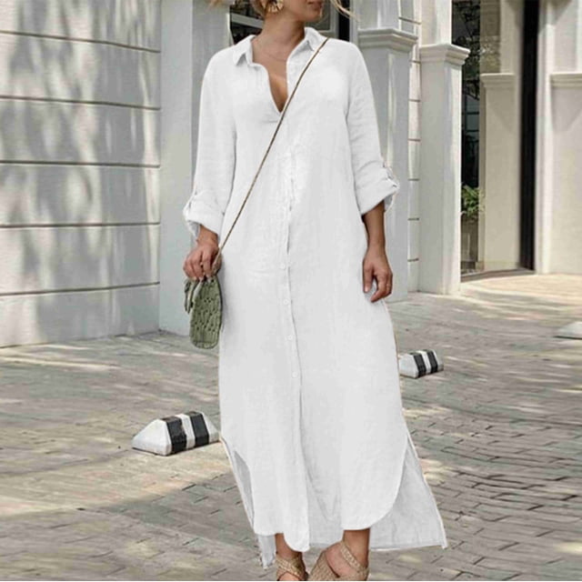 DPTALR Robe Longue pour Femmes à Manches Mi-Longues, Unie, en Lin, Ample, à Boutons