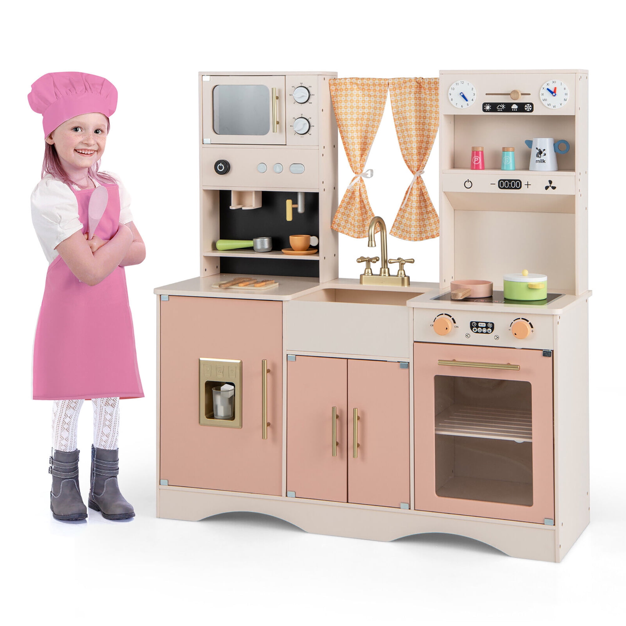 Gymax Kids Play Kitchen Pretend Playset w/ 2 Curtains & 16 Pcs Play Accessories Pink