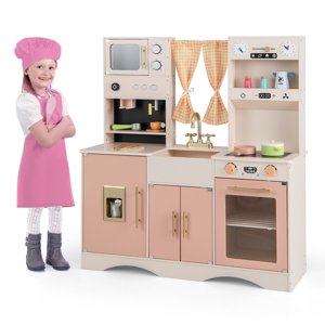 Gymax Les enfants jouent à la cuisine Pretend Playset avec 2 Rideaux & 16 Pcs Play Accessoires Rose