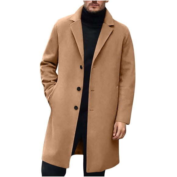 Khaki Collared High Neck Fleece Lined Sherpa for Man Winter Fall Long Casual Plain Windbreaker Coats Man Button 2025 Clothes Country Concert XL