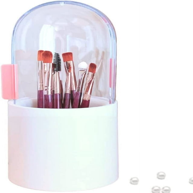 Dustproof Makeup Brush Holder Organizer Cosmetic Brushes Storage Case Display Stand with Crystal Clear Rotating Lid Beautiful Pearls Bedroom Vanity Table Bathroom Cabinet Countertop Gift
