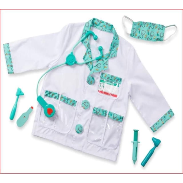 Melissa & Doug Doctor Play Costume Set with a white child-sized doctor jacket trimmed in teal stethoscope print on collar, cuffs, and pockets, clear plastic pockets, teal toy stethoscope with sound effects, mask, thermometer, syringe, reflex hammer, and ear scope accessories arranged on a white background for Halloween costume play.