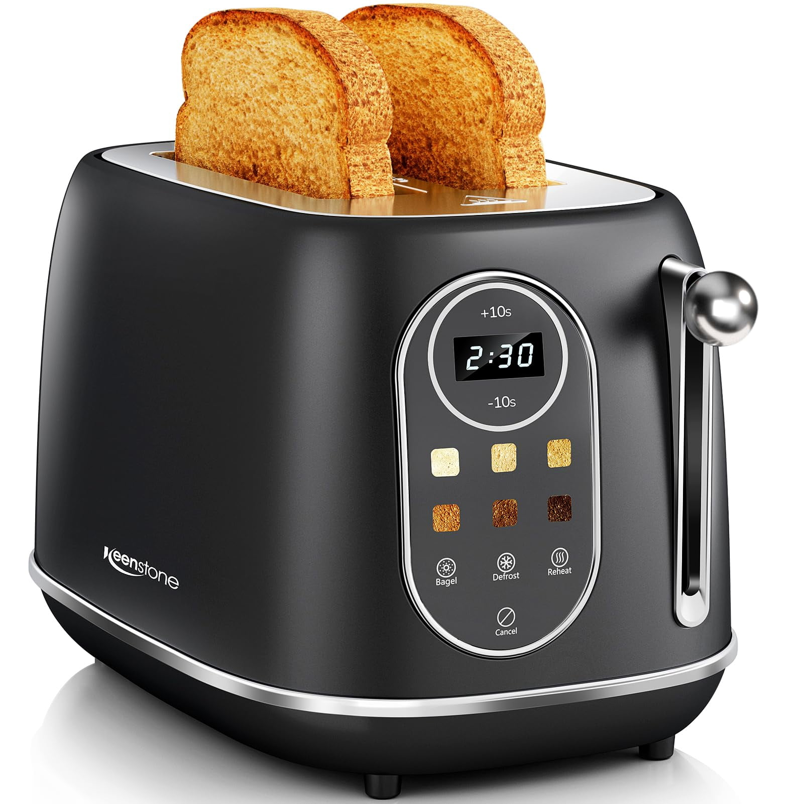 Keenstone Smart Touch Screen Toaster 2 Slice, Retro Wide Slot Stainless Steel Toaster with 6 Browning Levels, Reheat & Defrost, for Bagel, Toast, Bread, Removable Crumb Tray, Blac
