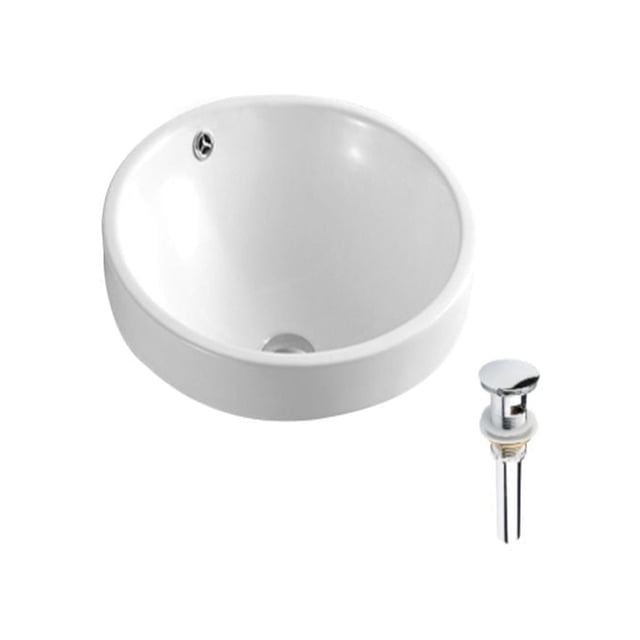 DROP Bath and Kitchen DR091333 Bathroom Vessel Sink Set with a round white ceramic vessel sink featuring a glossy finish and an included chrome overflow drain, designed for recessed installation in kitchen or bathroom renovations.
