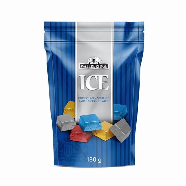 Waterbridge Ice chocolatey squares in a blue and silver resealable bag featuring assorted foil-wrapped cubes in red, blue, gold, and silver, weighing 180 grams, known for their unique cooling sensation and used as chocolate candy toppings for ice cream and snacks.