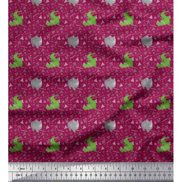 Soimoi Poly Georgette Fabric Geometric Shapes,Crocodile & Rhinoceros Kids Fabric Prints by Yard 42 Inch Wide